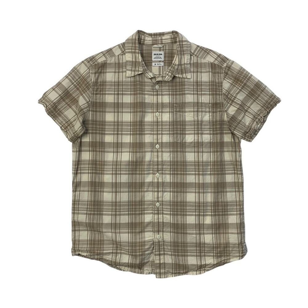 Prana Shirt Mens M Medium Cream Stone Organic Cotton Benton Plaid Short Sleeve